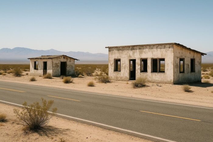 Abandoned roadside buildings along an empty desert road