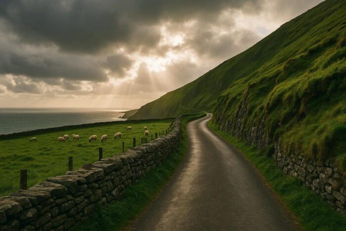Narrow road along the green coast of Ireland's Wild Atlantic Way