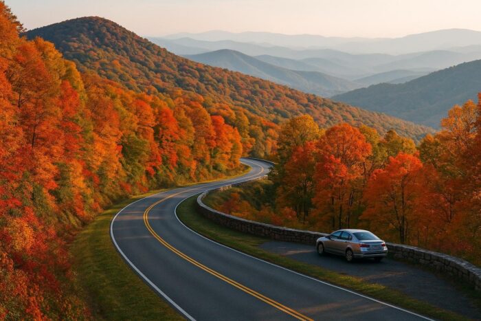 Blue Ridge Parkway curving along a forested ridge in peak fall color