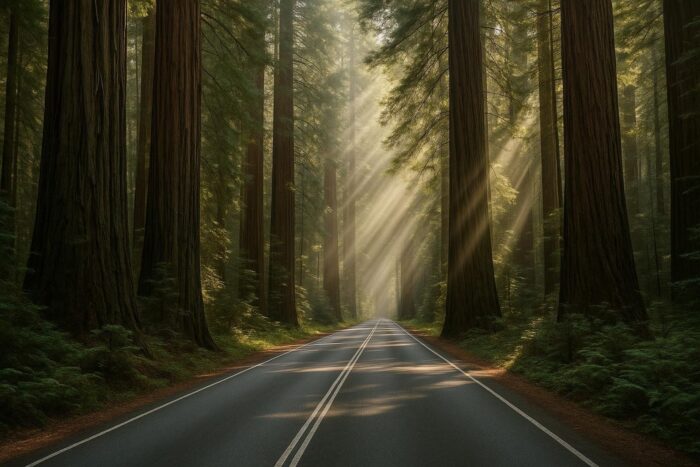 Road through towering redwood trees in Northern California