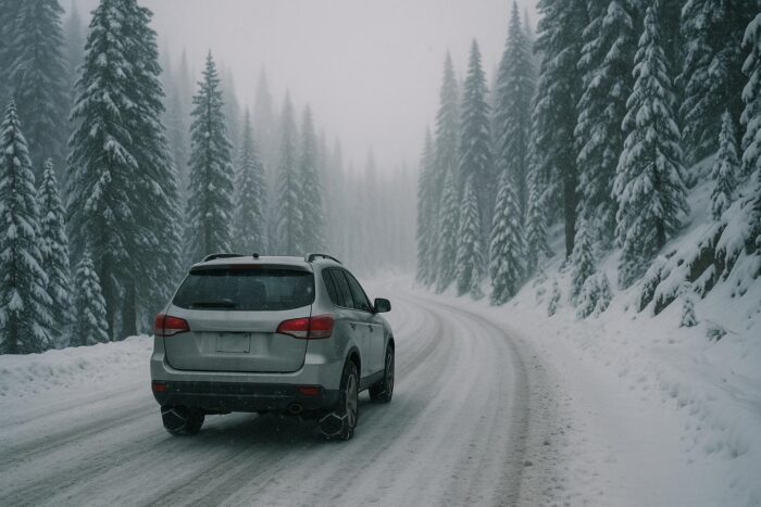 Car with snow chains driving over a snowy mountain pass