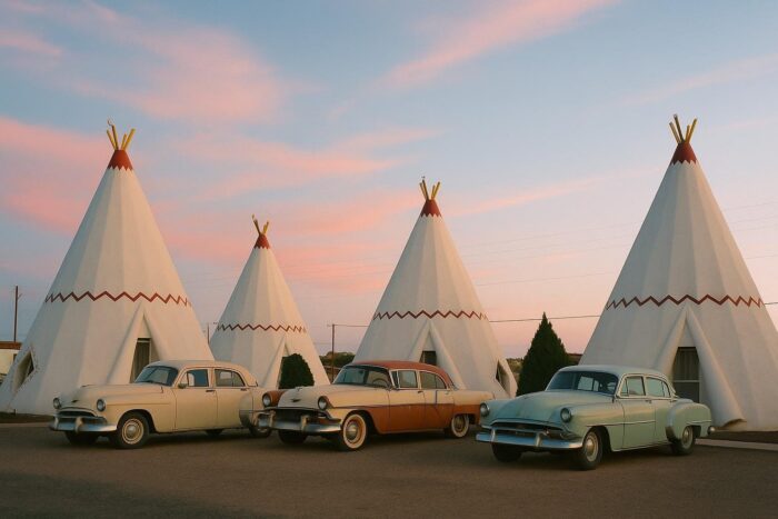 Concrete teepee motel rooms with vintage cars at dusk in Arizona