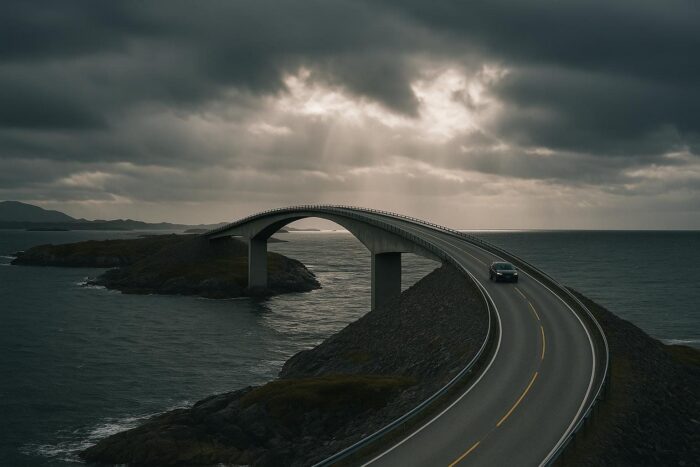 Curved bridge hopping between small islands on Norway's Atlantic coast