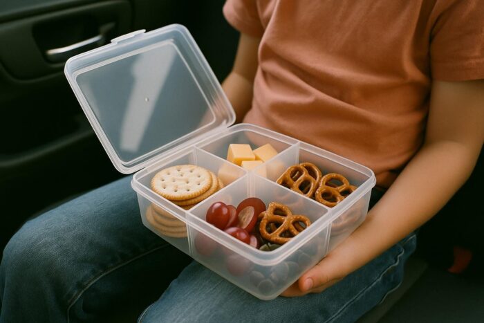 Divided plastic snack box filled with crackers, cheese cubes, grapes and pretzels
