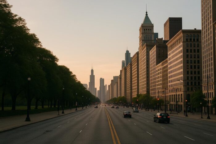 Downtown Chicago avenue beside Grant Park at dawn