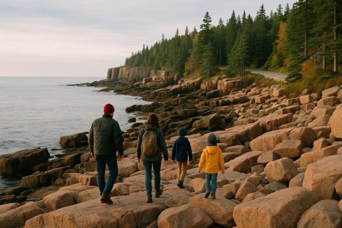 Family walking on pink granite rocks along the Maine coast