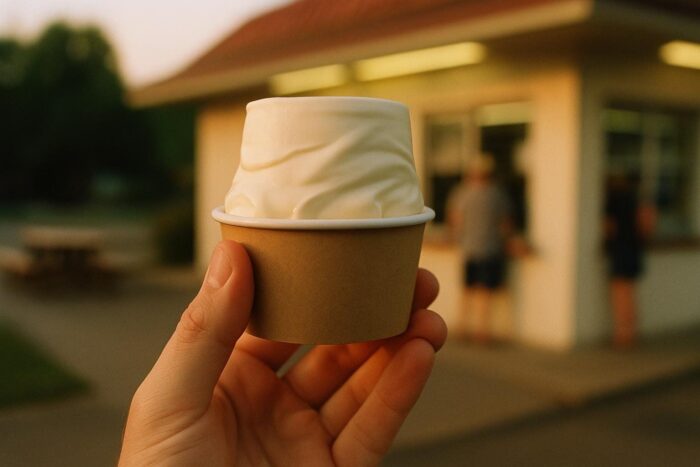 Hand holding a cup of thick frozen custard upside down