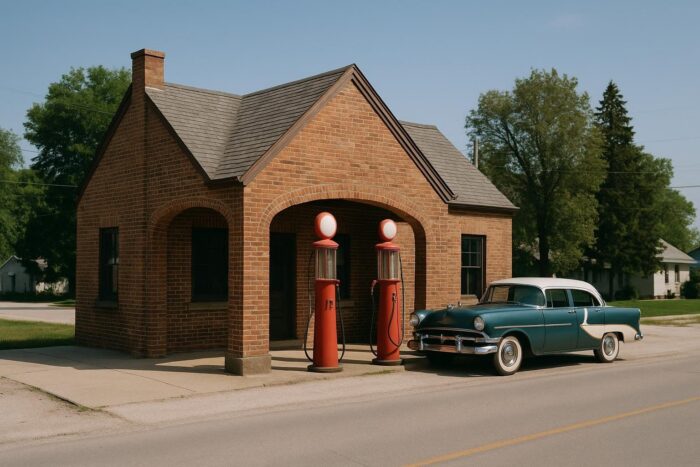 Restored 1930s gas station with vintage pumps and an old car on Route 66