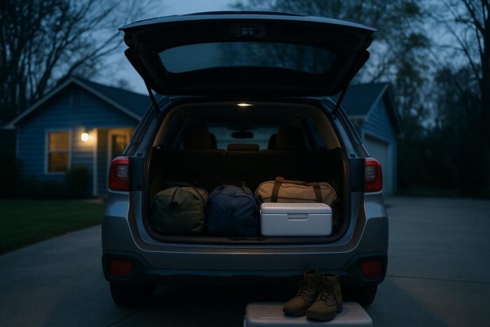 SUV with open tailgate being packed with bags in a driveway at dawn