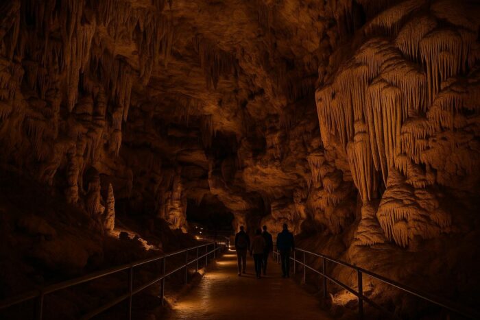 Lit limestone formations inside a large cave in Missouri