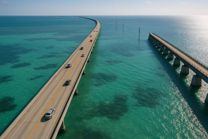 Long low bridge crossing turquoise water in the Florida Keys