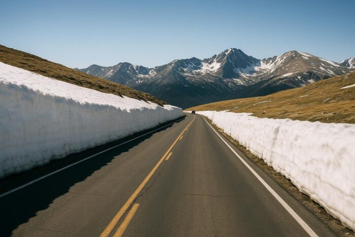 Mountain road running between tall snowbanks on an alpine pass in early summer