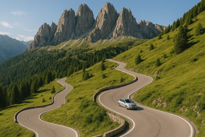 Mountain road switchbacks below jagged limestone peaks in the Dolomites