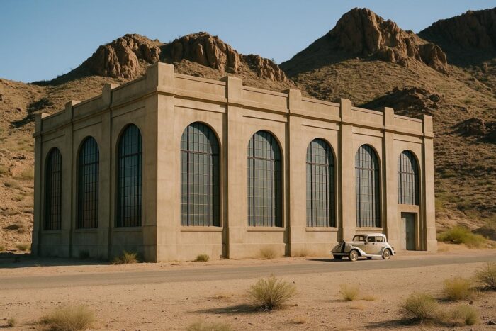Old concrete powerhouse building among desert hills in Kingman