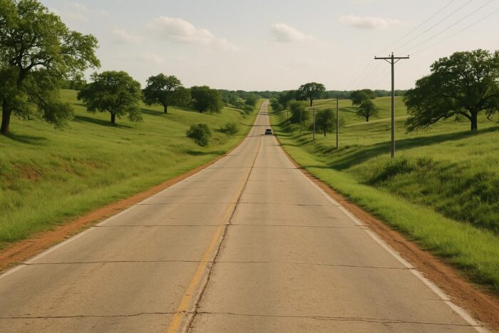 Old concrete two-lane road through green rolling hills in central Oklahoma