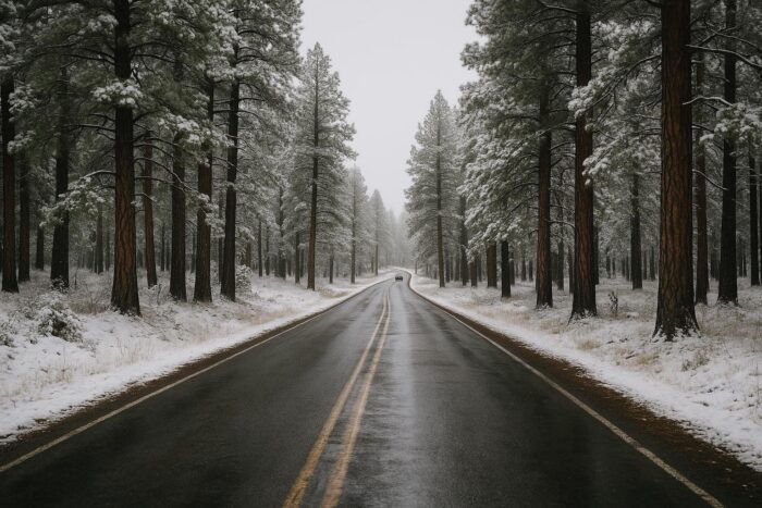 Old two-lane road through snowy ponderosa pines near Flagstaff