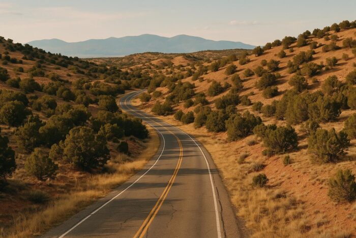 Old two-lane road winding through piñon-dotted hills in northern New Mexico
