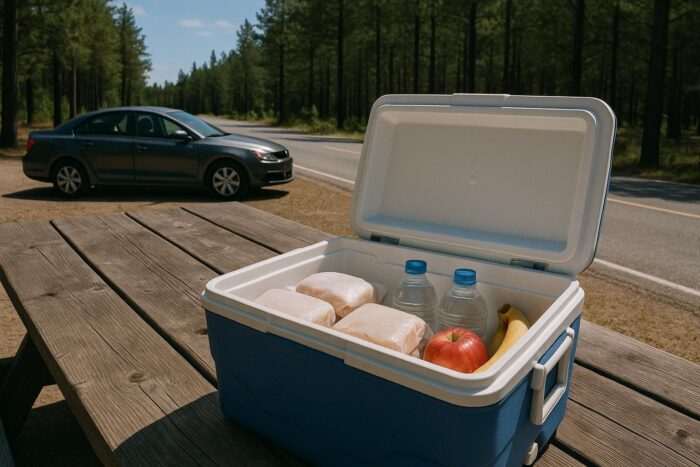 Open cooler with sandwiches and fruit on a roadside picnic table next to a parked car