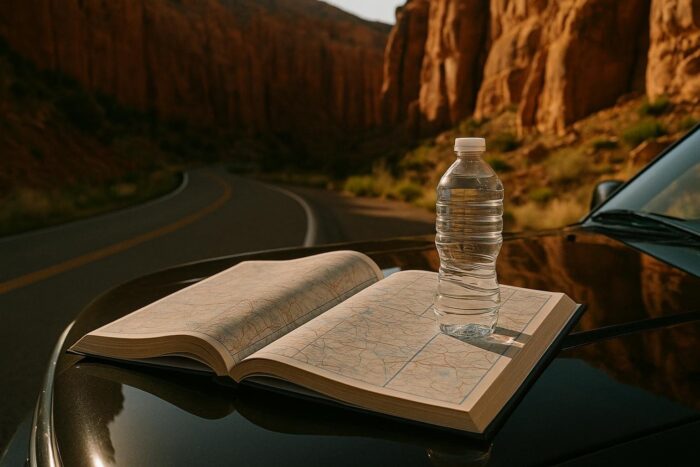 Open paper road atlas on the hood of a car in a canyon
