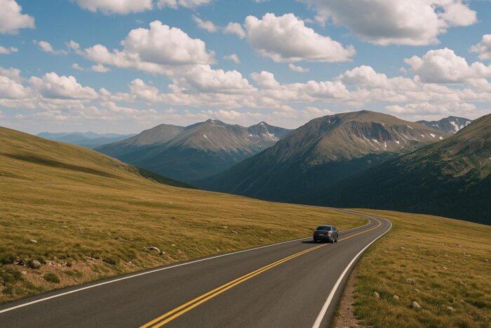 Paved road crossing high alpine tundra in the Rocky Mountains