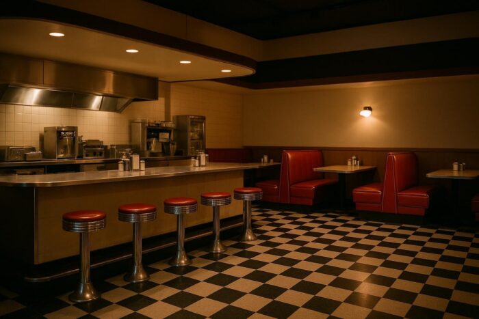 Recreated 1950s diner counter and booths inside a museum