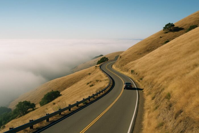 Road climbing out of coastal fog into sunny hills