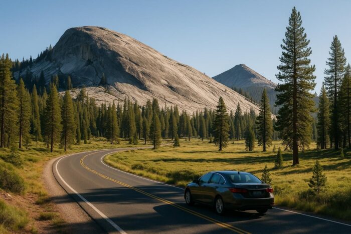 Road passing granite domes and a meadow near Tuolumne in Yosemite