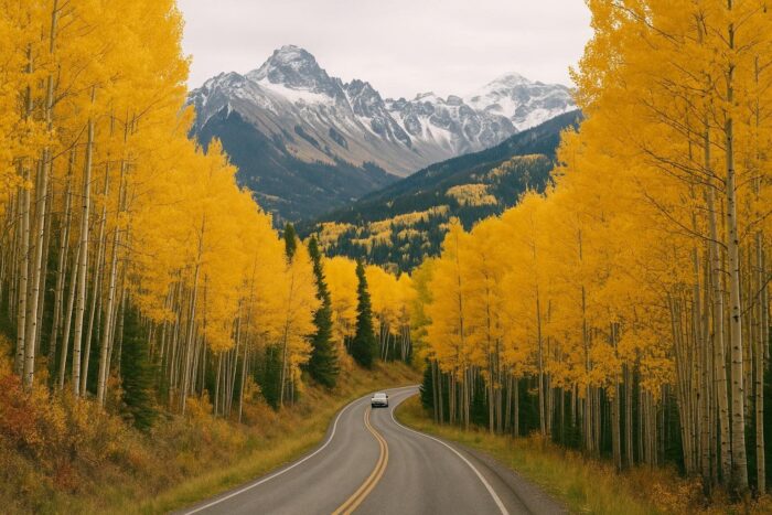 Road winding through golden aspen trees in the Colorado mountains in autumn