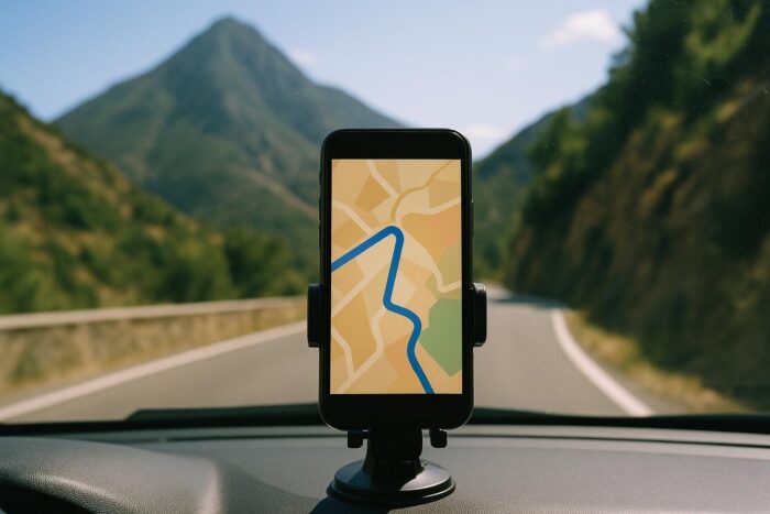 Smartphone on a car dashboard mount with a navigation map, the road ahead