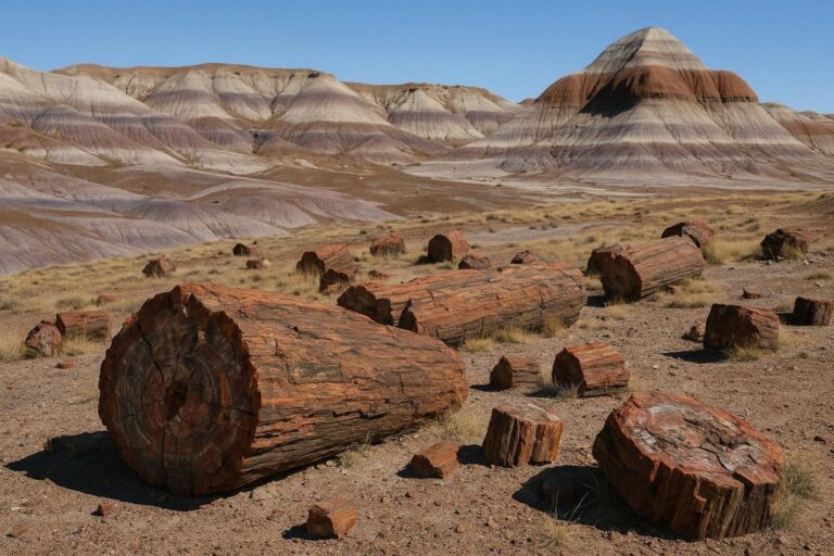 Petrified logs lying among colourful badlands in Petrified Forest National Park