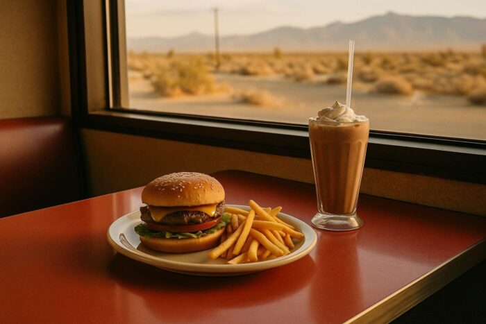 Burger, fries and a milkshake on a diner table by the window