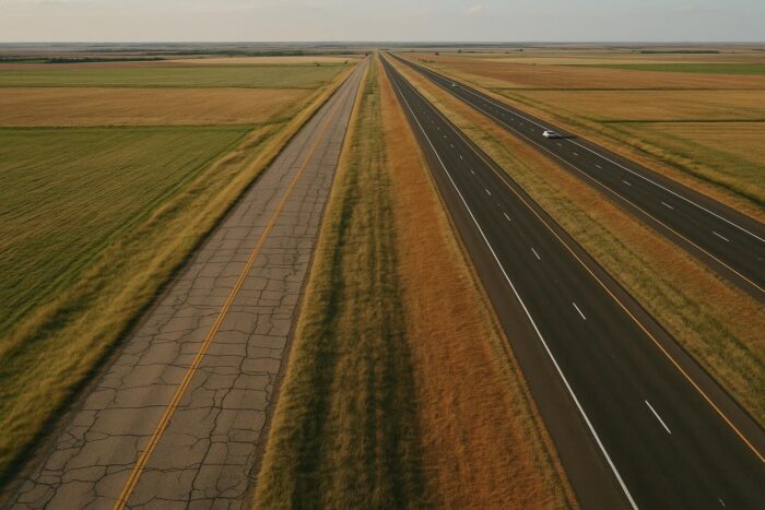 Aerial view of an old two-lane road running alongside an interstate across the plains