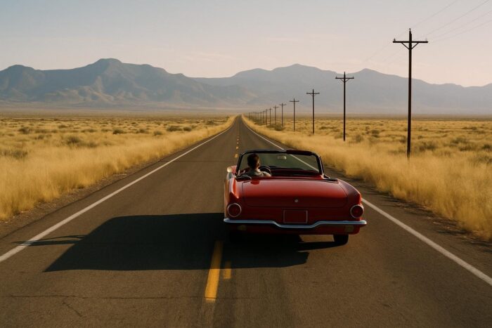 Vintage red convertible on an empty two-lane highway through the Arizona high desert