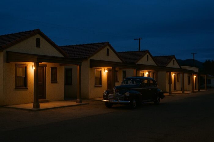 Row of small vintage motor court cabins with carports at dusk