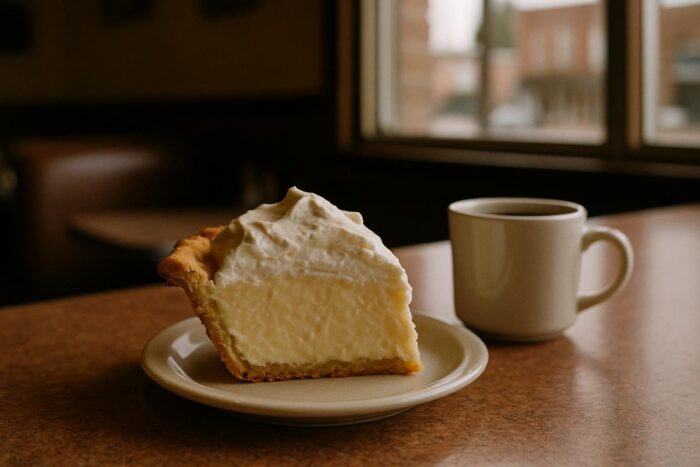 Slice of tall homemade pie with a rustic crust on a diner counter