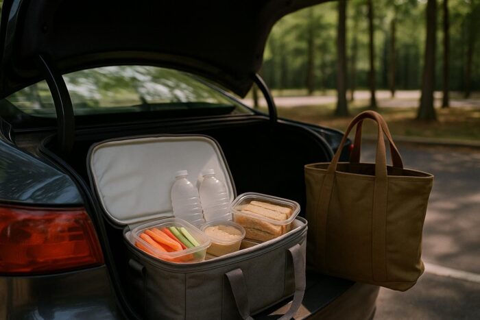 Small cooler with frozen water bottles and food containers in a car trunk