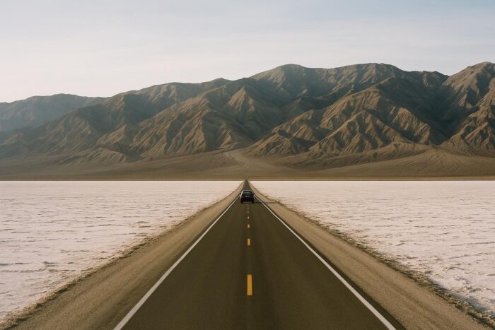 Straight road crossing the salt flats of Death Valley below bare mountains