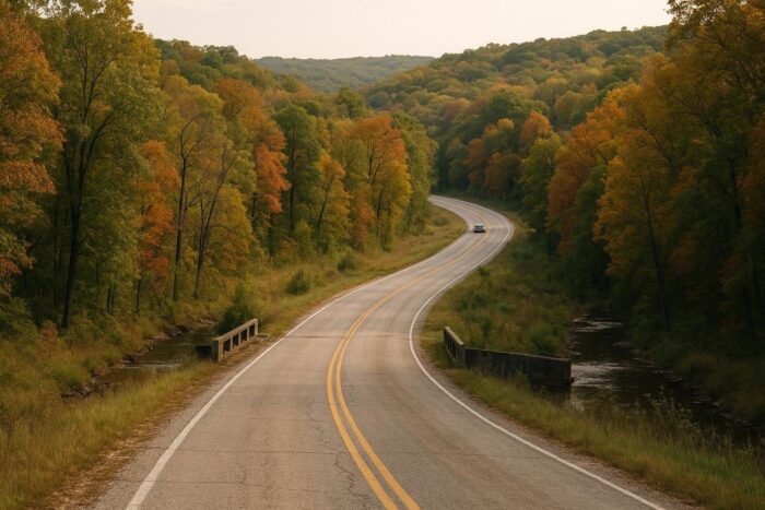 Two-lane road curving through wooded hills in the Missouri Ozarks