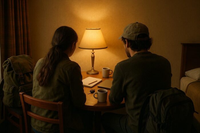 Two travelers planning a route with a notebook at a motel table