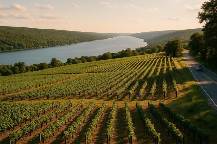 Vineyard rows sloping down to a long narrow lake in upstate New York