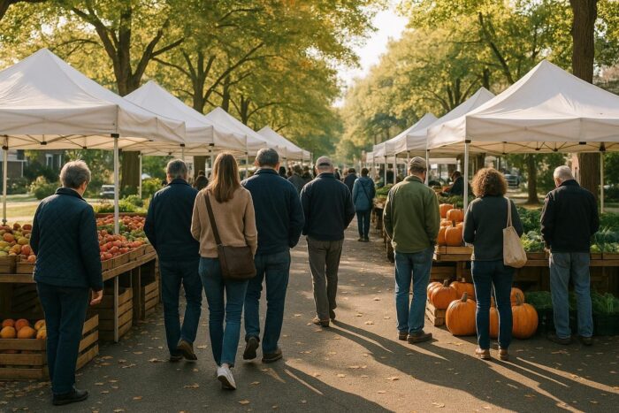 Visitors browsing produce stalls at a small-town farmers market
