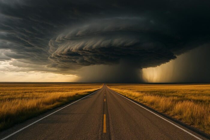 Road crossing the open prairie under a dramatic thunderstorm