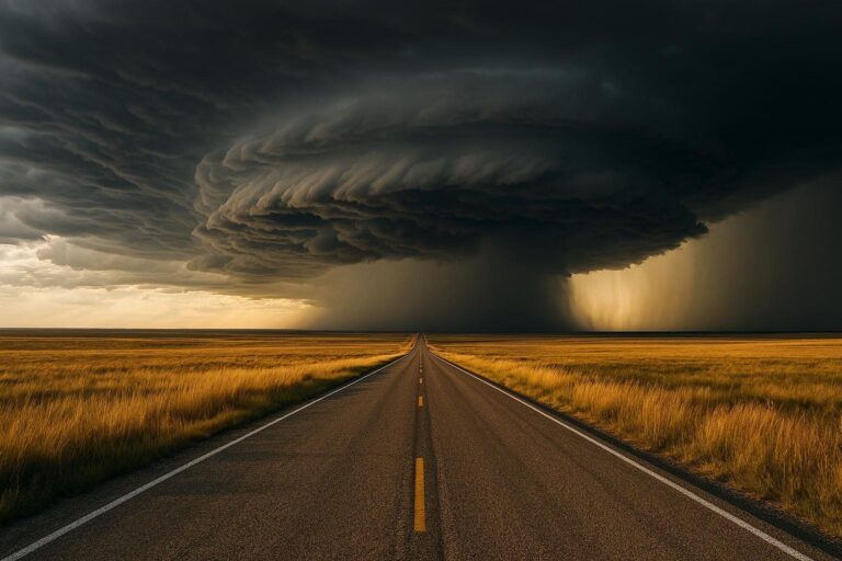 Road crossing the open prairie under a dramatic thunderstorm