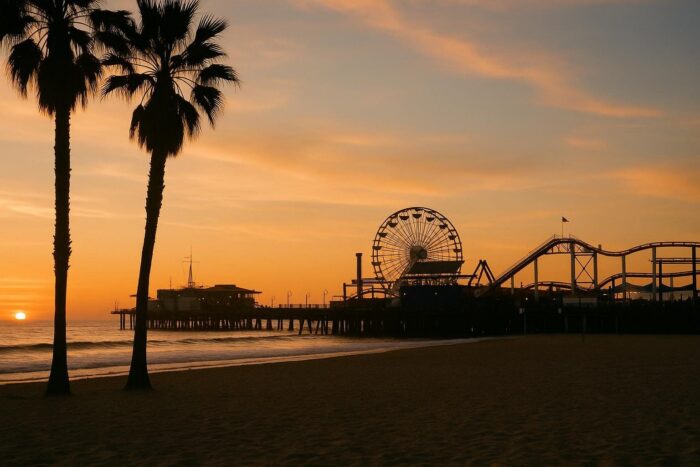 Santa Monica Pier and its Ferris wheel seen from the beach at sunset
