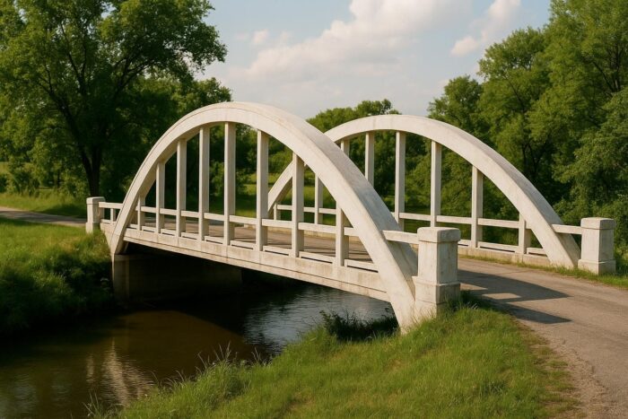 White concrete arch bridge over a creek in the Kansas countryside
